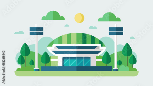 Modern football stadium with green field trees and flags under sunny sky flat vector illustration