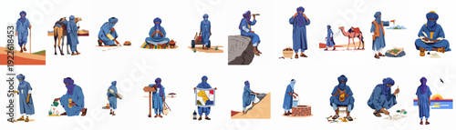 Diverse vector illustrations of Tuareg nomadic life, desert journey, survival, and cultural activities.