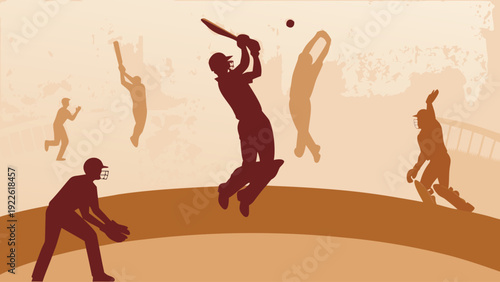 Cricket players in action on field with dynamic movements