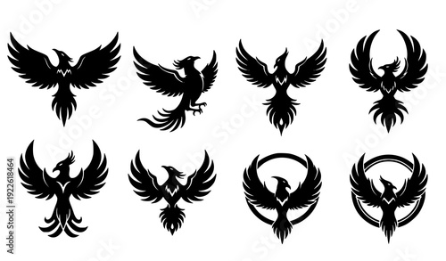 Phoenix Bird Silhouette Vector Set with Stylized Firebird Logo Designs Isolated on White Background
