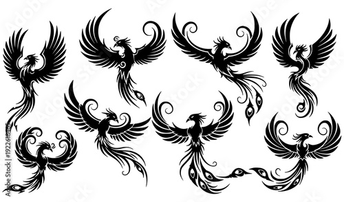 Stylized Tribal Phoenix Silhouette Collection with Fantasy Fire Bird Logo Elements Vector