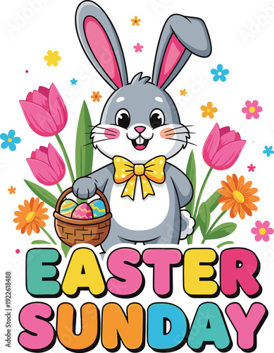Easter sunday celebration with a joyful cartoon bunny holding a basket of eggs