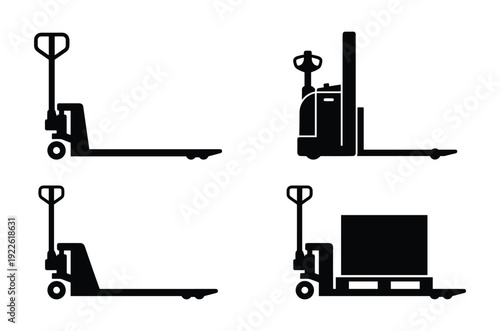 Pallet jack vector set, manual and electric pallet trucks illustration in silhouette style, logistics