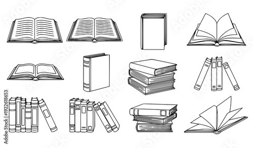 Open and Closed Books Line Art Vector Set with Education and Library Knowledge Symbols Isolated on White Background