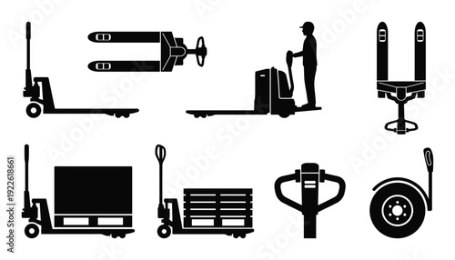 Pallet jack vector illustrations set with person and cargo