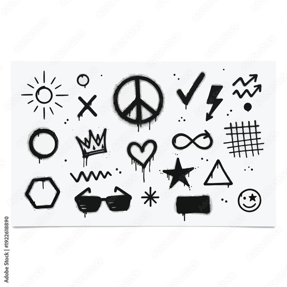Fototapeta premium Hand drawn vector icons set featuring a black silhouette collection of education and travel signs including a wedding heart and food pictograms for web design illustration
