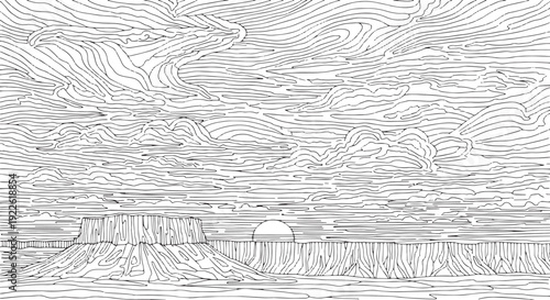 Desert Landscape with Mesa and Swirling Sky Drawing