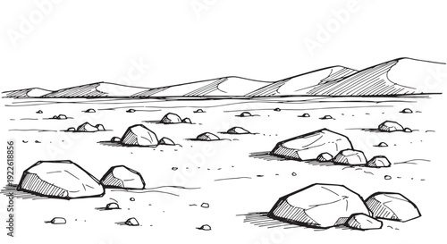 Hand Drawn Rocky Desert Ground and Sand Dunes