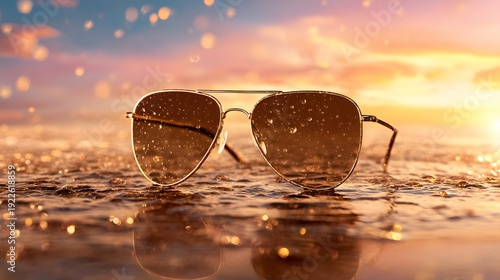 Golden Hour Shades: A pair of stylish sunglasses sits serenely amidst a glistening water surface, reflecting the warm hues of the setting sun, evoking a sense of calm and the promise of a perfect day.