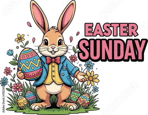 Easter sunday bunny holding decorated egg in floral garden scene