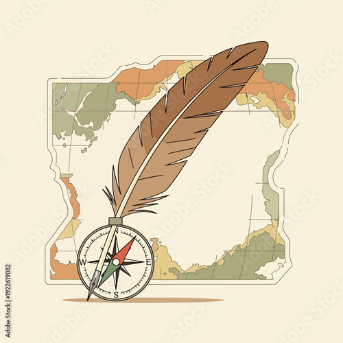 Feather quill and compass on abstract map suggesting travel and exploration
