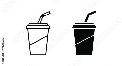 Minimalist black and white icons of a takeaway soda cup with a straw, featuring both outline and solid silhouette styles for fast food beverage branding and menu design.
