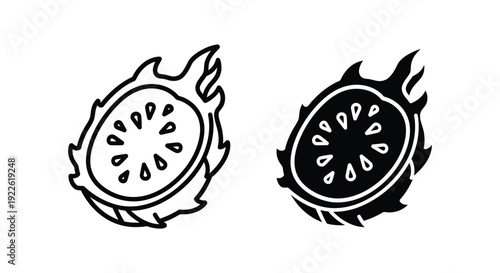 Minimalist dragon fruit slice vector icons featuring outline and solid silhouette styles, perfect for healthy food branding, tropical fruit menus, and organic product packaging.