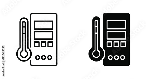 Set of minimalist digital thermostat and thermometer icons in outline and solid styles for smart home climate control and HVAC temperature monitoring.