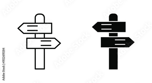 Set of minimalist directional signpost icons in outline and solid black styles, perfect for representing navigation, choice, and strategic decision-making in business and travel designs.