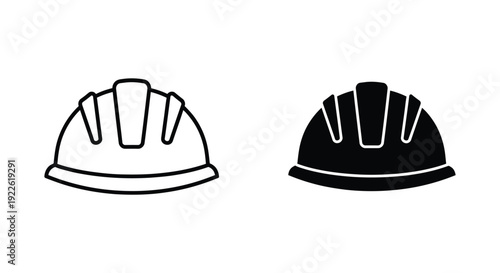Minimalist hard hat icons in outline and solid black styles representing construction safety and industrial protection for engineering projects