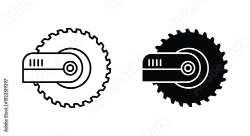 Professional circular saw power tool icons in outline and silhouette styles for industrial design, carpentry workshops, and construction equipment branding.