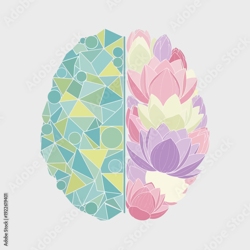 Brain divided into geometric shapes and lotus flowers symbolizing logic and creativity