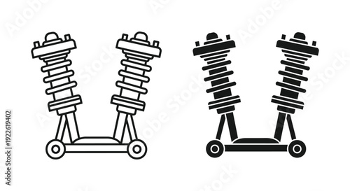 Automotive shock absorber and strut icons in line art and solid silhouette styles for car suspension system maintenance and mechanical repair services