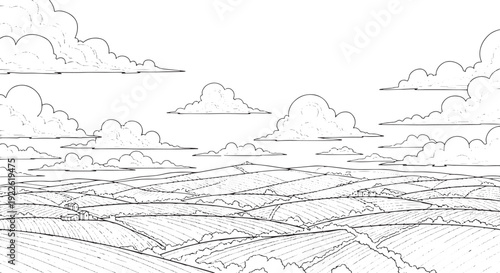 Rolling Farmland Hills and Countryside Sketch
