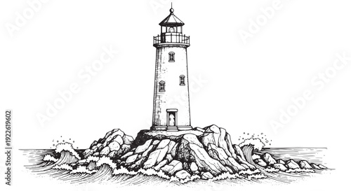 Lighthouse on Rocky Island Sea Waves Drawing