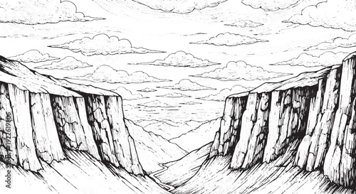 High Plateau Canyon Cliffs Line Art Illustration
