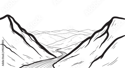 Curved River Valley Mountain Landscape Drawing