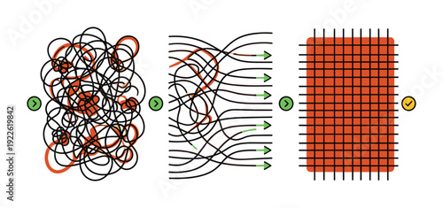 Problem solving stages illustration with tangled lines and a final grid