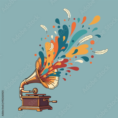 Old gramophone with colorful splashes of paint, feathers, and abstract shapes