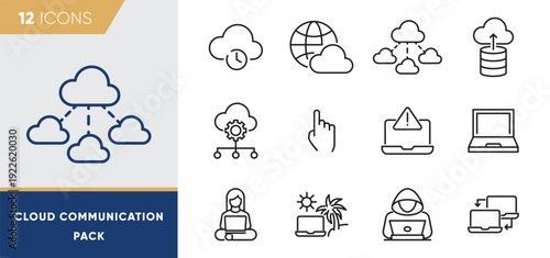 Cloud Communication Line Icons – Online Collaboration, Messaging, Remote Work and Digital Network Vector Set