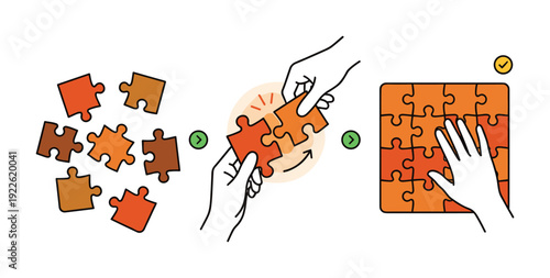 Puzzle solving process diagram, connecting pieces with hand to complete the task