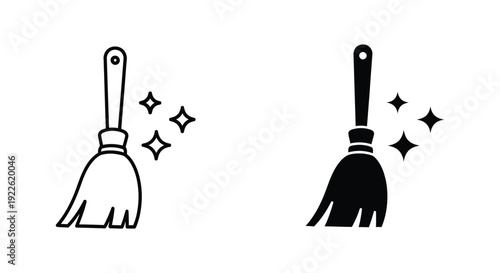 Minimalist broom icons in outline and solid styles with sparkles representing cleanliness and professional cleaning services