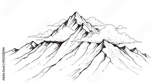 Majestic Peak with Clouds Ink Drawing
