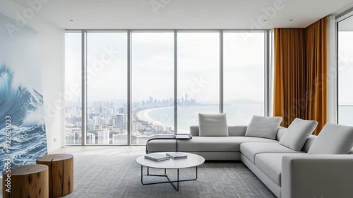 Modern living room interior with large window, stylish furniture, and natural light in a contemporary home 4k video