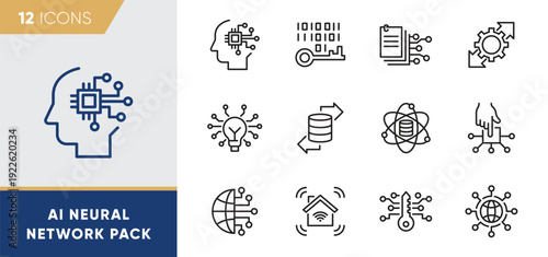 AI Neural Network Line Icons Pack – Artificial Intelligence, Machine Learning and Smart Systems Vector Set