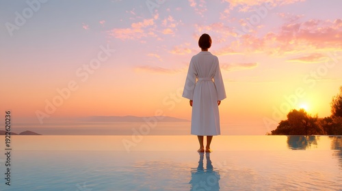Serene Sunset Solitude: A woman in a white robe stands poised before an infinity pool, with a breathtaking sunset painting the sky in fiery hues, evoking peace and tranquility.