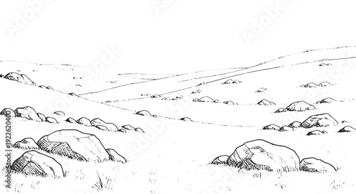 Rocky Hillside Landscape Hand Drawn Drawing