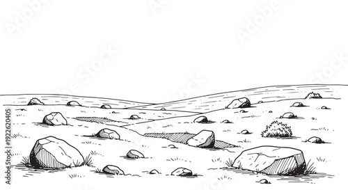 Arid Plateau with Rocks Sketch Illustration