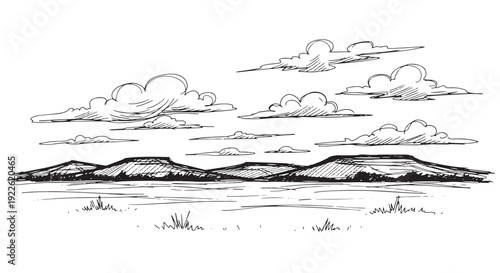 Flat Mesa Mountains and Clouds Sketch