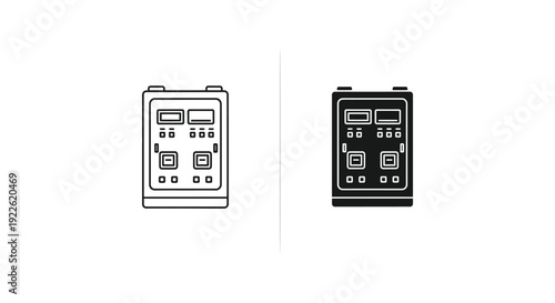 Minimalist electrical distribution board and control panel icons in line and solid styles for industrial power management, engineering schematics, and automation systems.