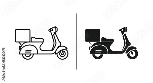 Minimalist delivery scooter icons in outline and solid silhouette styles for food delivery apps, logistics branding, and urban courier service website design