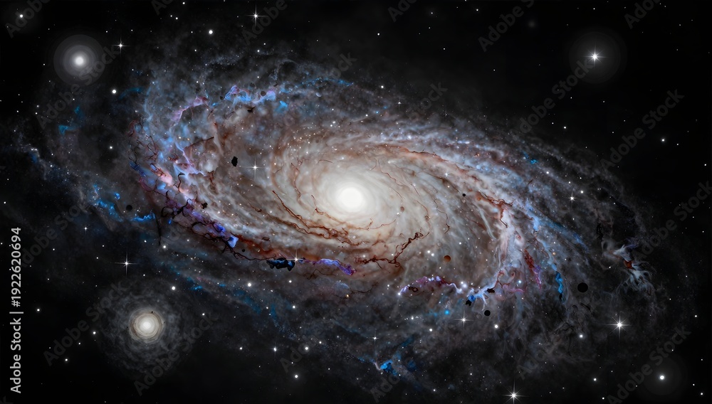 Fototapeta premium Distant galaxy with swirling arms and bright stars shines in the dark of space