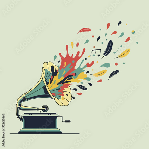 Vintage gramophone emits colorful splashes feathers and musical notes representing sound