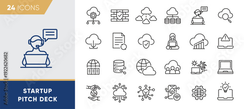 Startup Pitch Deck Line Icons – Business Growth, SaaS, Cloud Services, Analytics and Technology Presentation Vector Set
