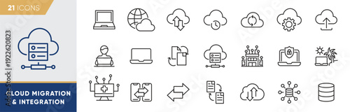 Cloud Migration and Integration Line Icons – Data Transfer, System Upgrade, DevOps and Infrastructure Vector Set