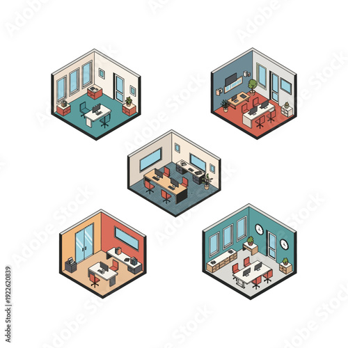 Isometric office rooms set with various furniture and decor.