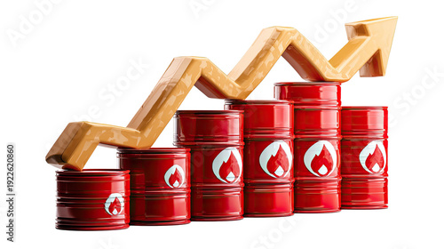Rising Energy:  Illustrative image showing the rising price of energy through barrels of oil and an upward arrow, signifying growth and investment. 