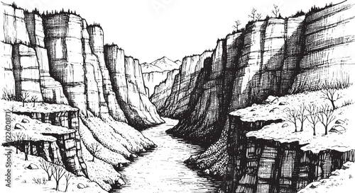 Deep canyon river valley hand drawn art