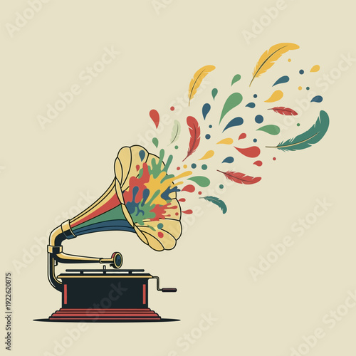 Gramophone emitting colorful splashes, feathers, and drops, symbolizing creative music and expression