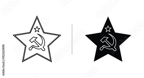 Minimalist hammer and sickle icons inside a star symbol representing Soviet history and communist ideology, featuring both outline and solid black silhouette versions on a white background.
